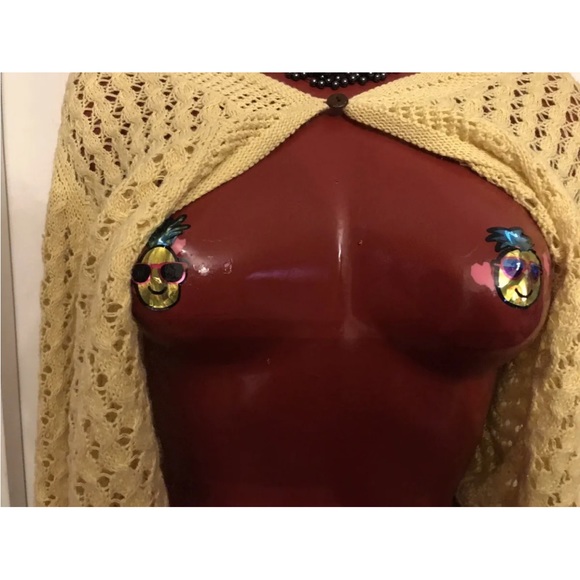 Sag Harbor Canary Yellow Crocheted 1 BUTTON Cardigan Sweater Size S SMALL - Picture 3 of 8